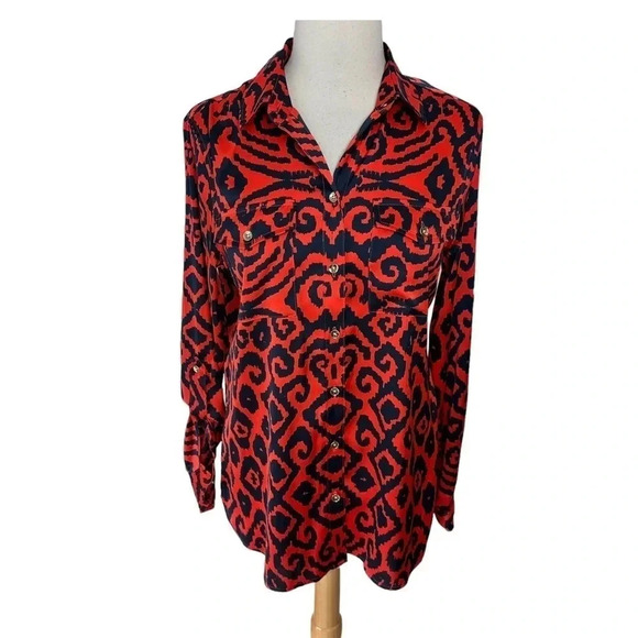 Jones New‎ York stretch S red + blue button down blouse - Picture 1 of 7
